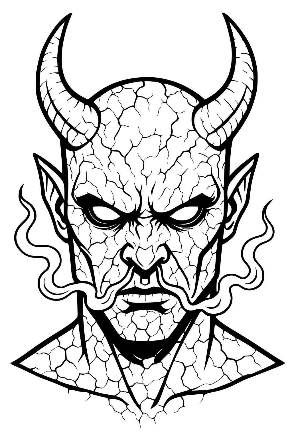 Horned demon face with cracked skin, blank eyes, pointed ears, and curling smoke in bold black outlines.