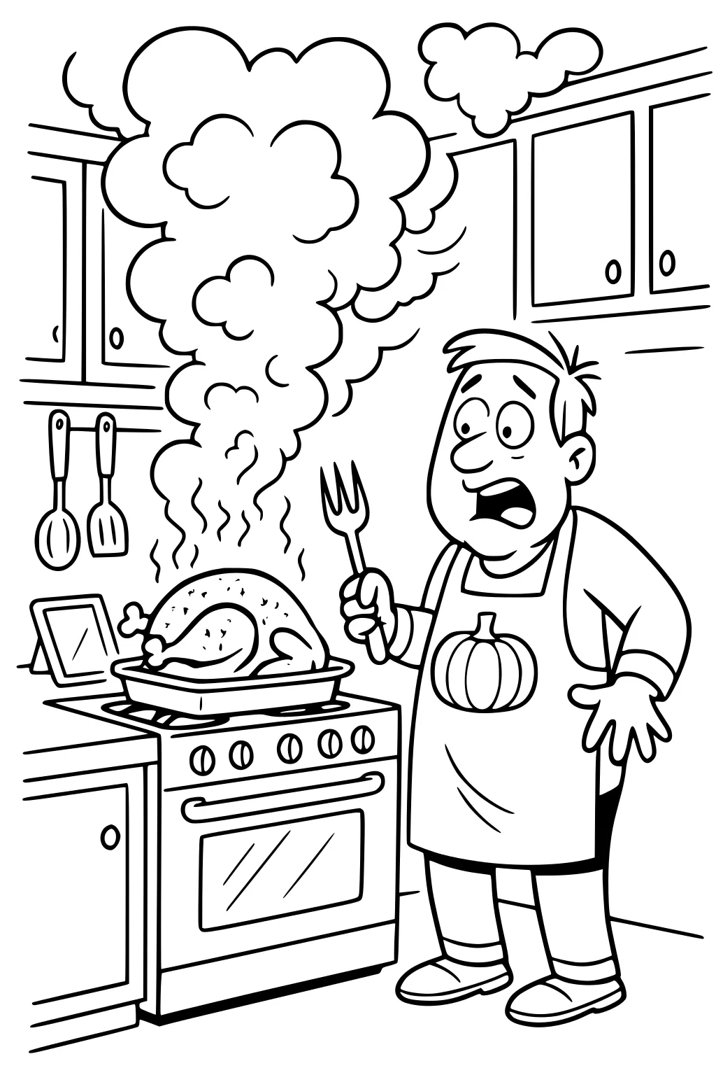 Man in a pumpkin apron reacts to smoking turkey on the stove, holding a fork; cabinets, oven, hanging utensils, and a tablet nearby.