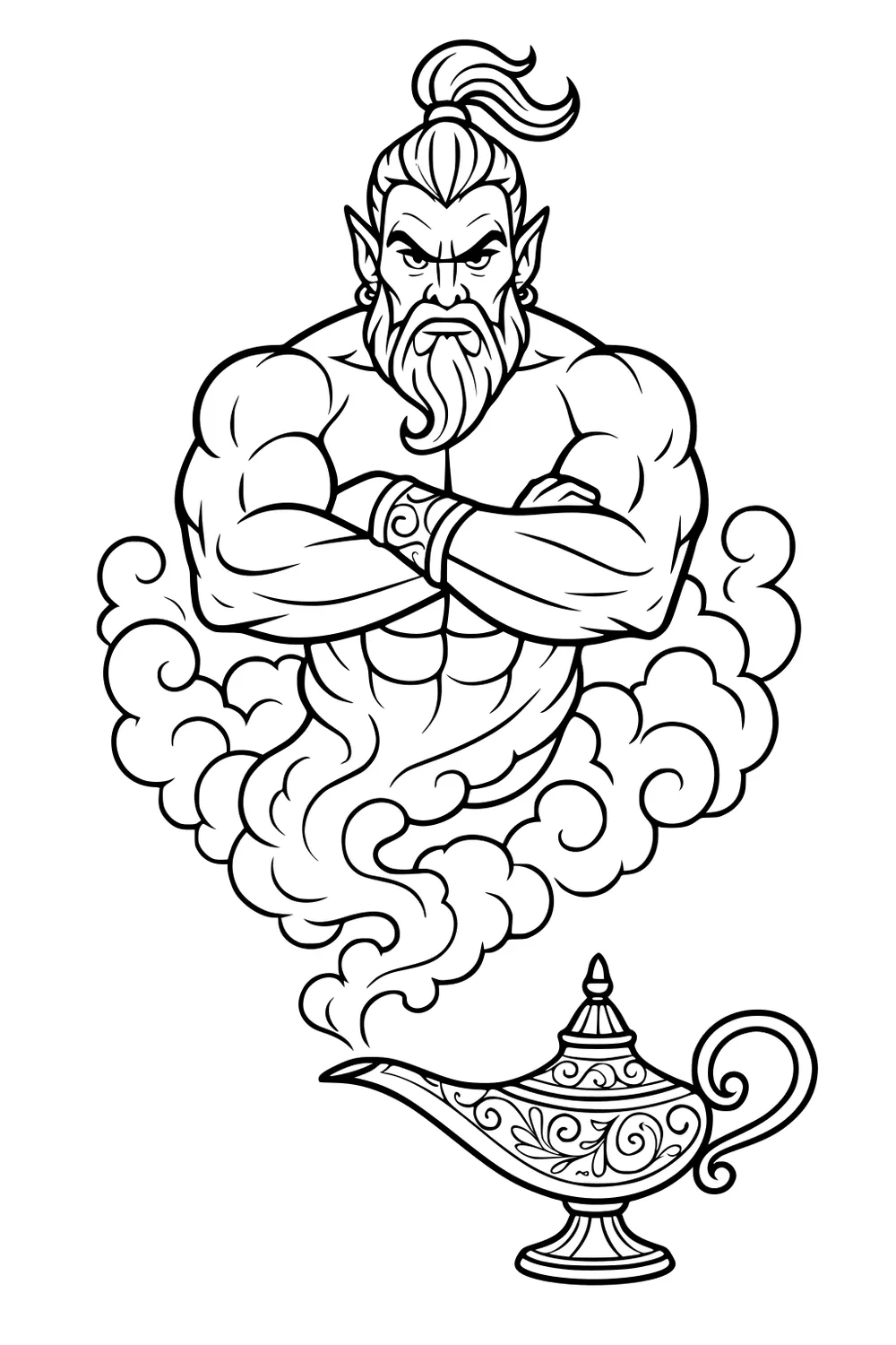 Strong bearded genie with topknot, arms crossed, rising in swirling smoke from ornate magic lamp; bold black outline art.