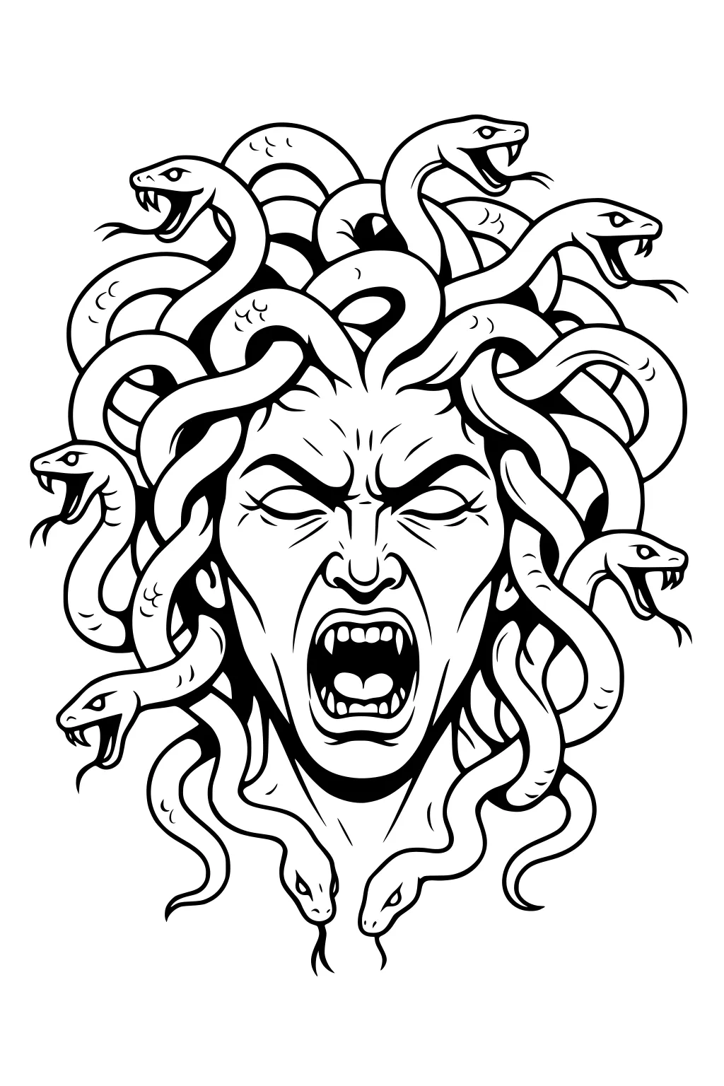 Medusa-style head with open mouth and many snakes for hair, each with fangs and tongues, bold black line art on white.