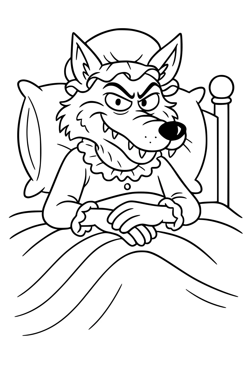 Wolf in nightcap and ruffled gown in bed, hands folded on blanket, sly grin, sharp teeth, pillows and headboard behind.