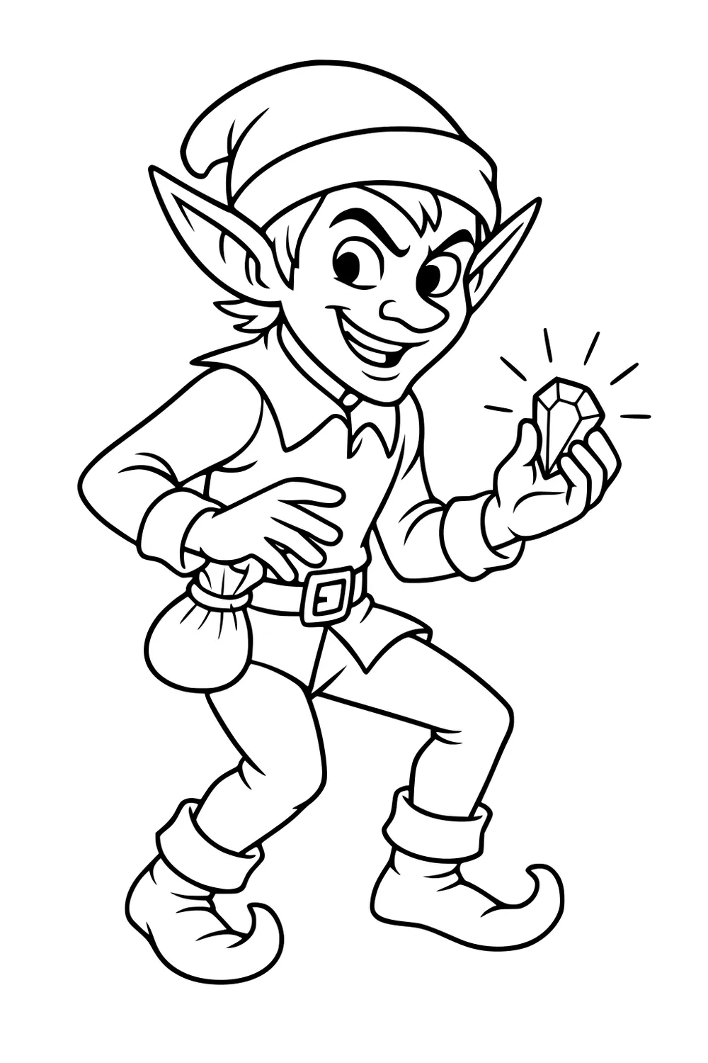 Cartoon boy elf with pointy ears holds a sparkling crystal, wearing hat, tunic, belt, pouch, and curled boots in a tiptoe pose.