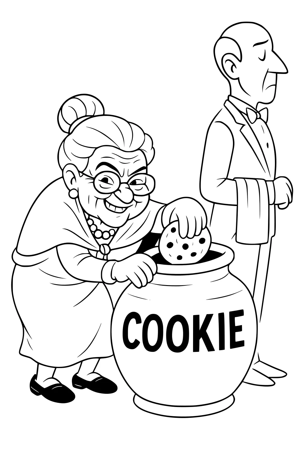 Grandma in glasses sneaks a cookie from a big jar labeled COOKIE as a stern elderly man in a suit looks away.