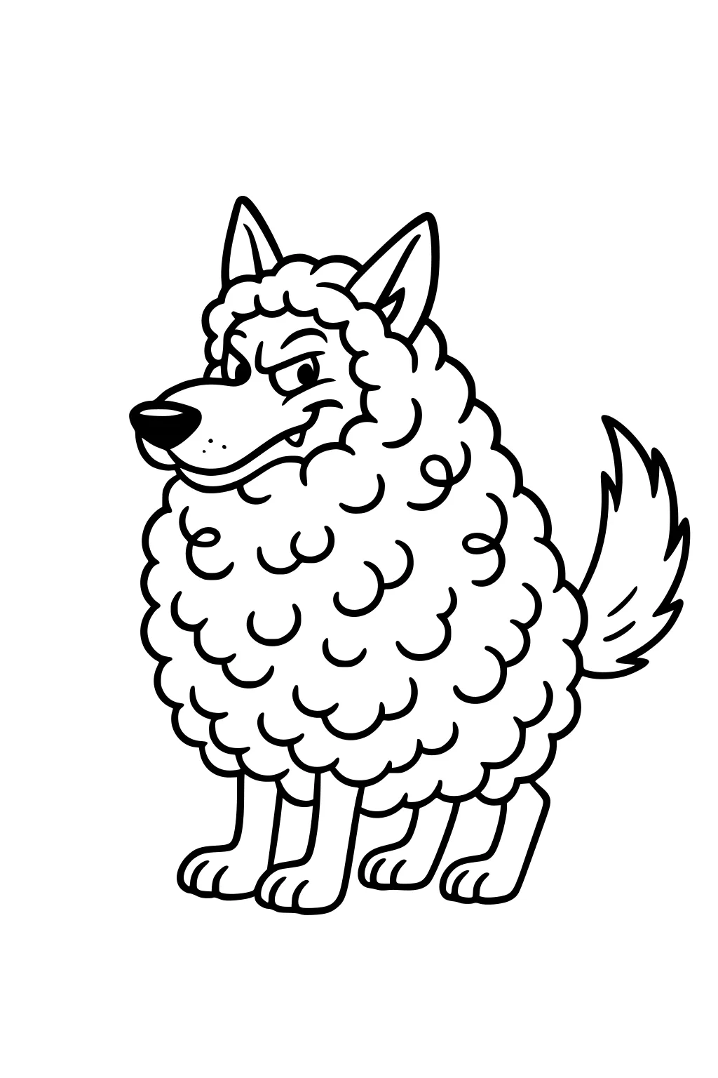 Cartoon wolf in sheep's clothing with curly wool, pointy ears, sly grin, four paws, and a bushy tail in bold outlines.