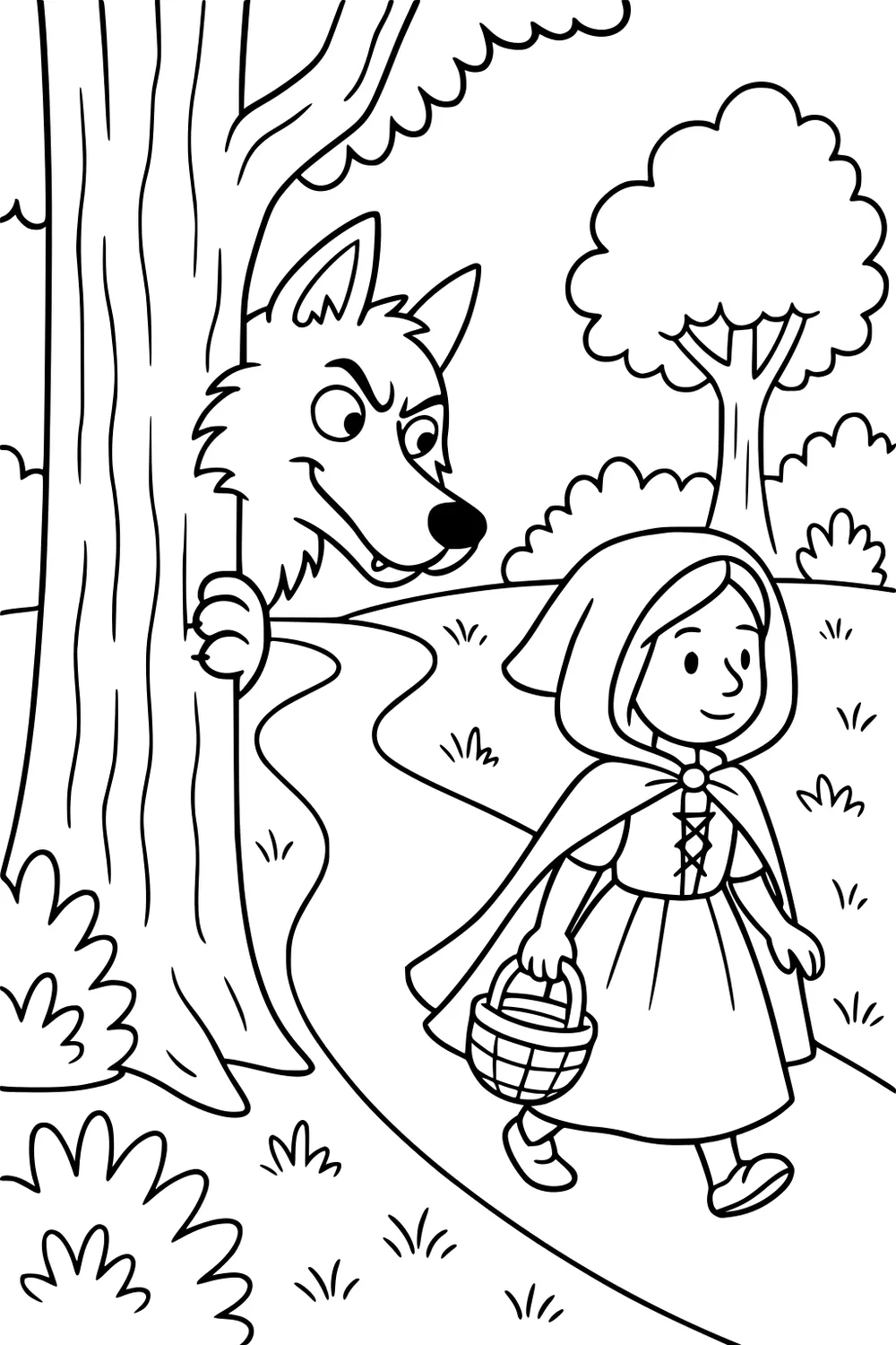 Wolf peeks from behind a tree at a smiling girl in a hooded cape with a basket on a winding forest path with bushes.
