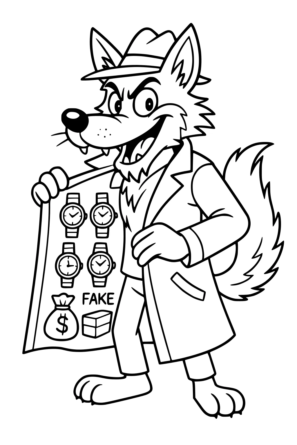 Cartoon wolf in fedora and trench coat opens coat to show watches and a FAKE sign, with money bag and box icons.