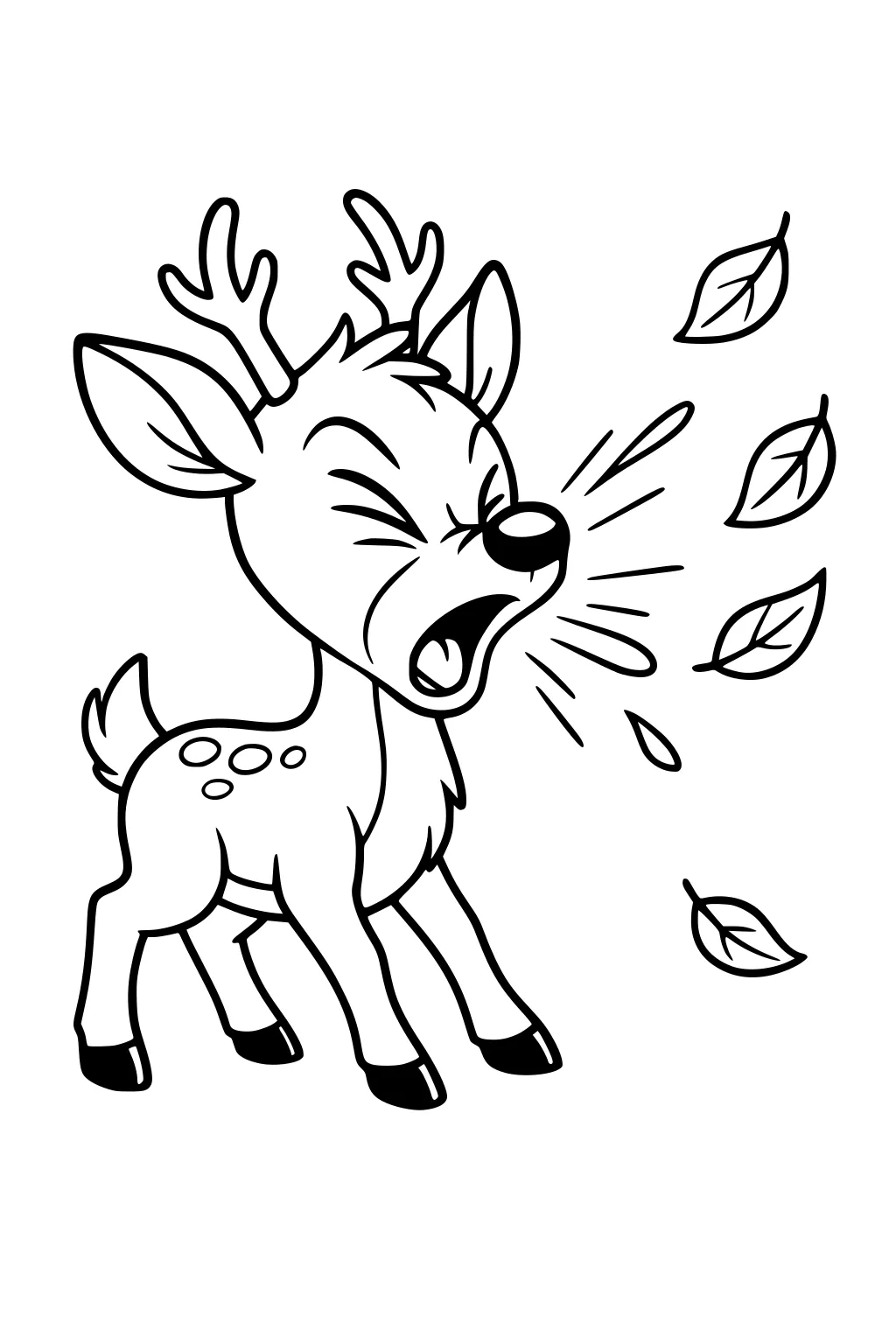 A young deer with antlers sneezing, leaves blowing away in front of his face.