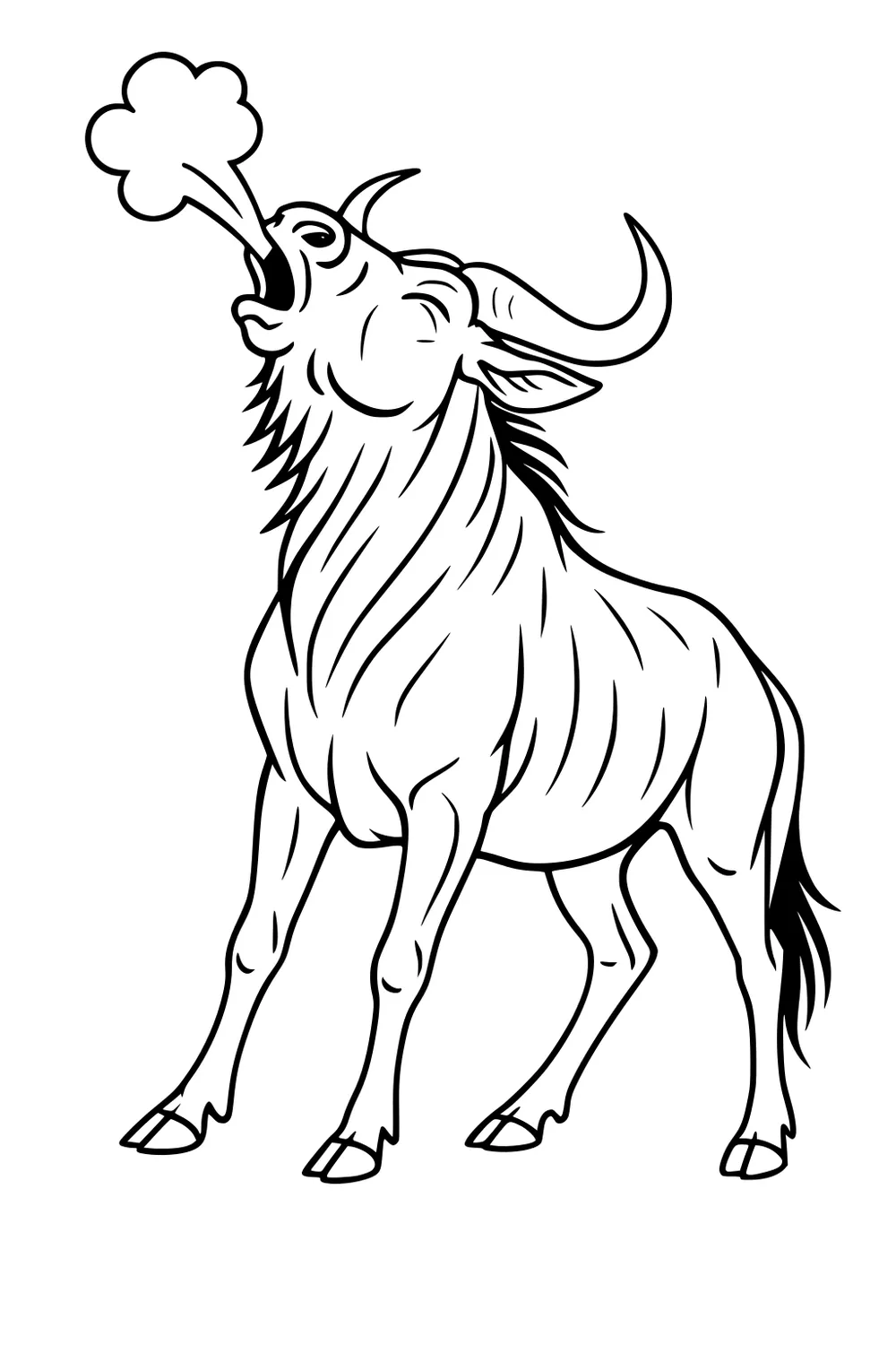 Outline of a wildebeest raising its head and snorting a puff of breath, with curved horns, shaggy mane, sturdy legs, and tail.