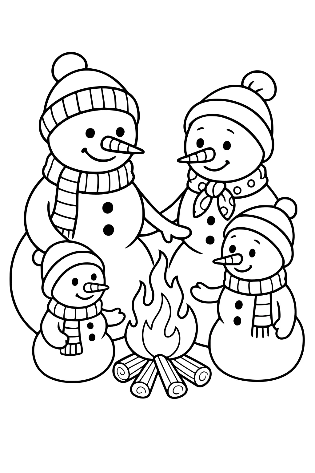 Four snowmen, two adults and two kids, in hats and scarves, smiling around a small log campfire with tall flames.