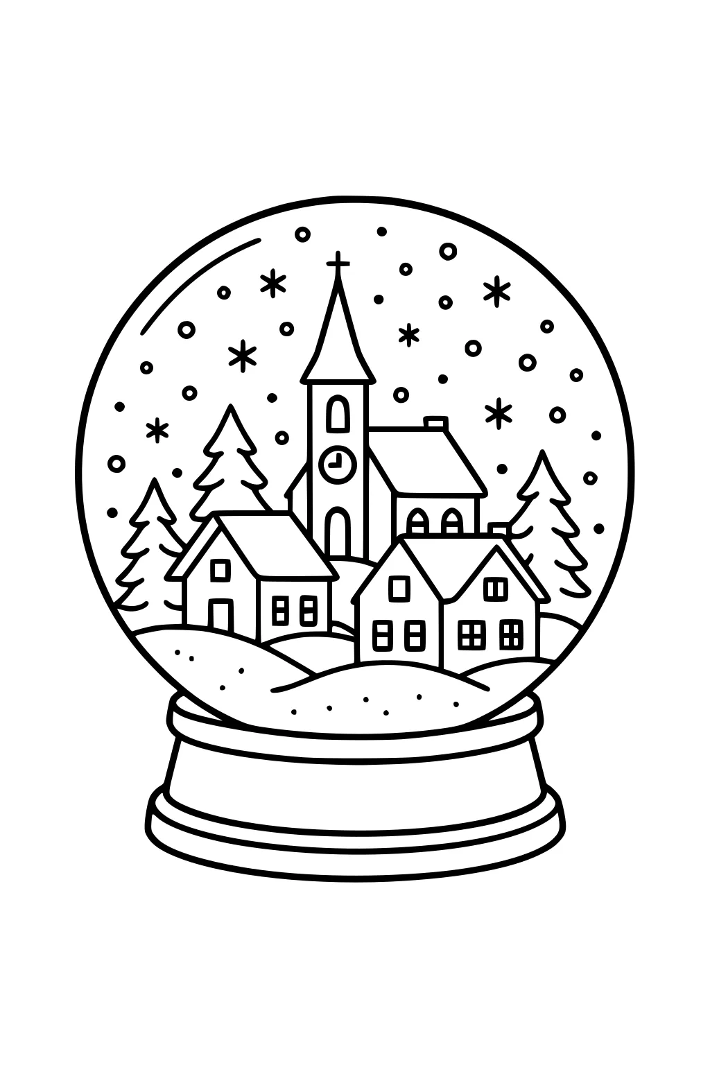 Snow globe with church clock tower, three houses, pine trees, and falling snow on a rounded base.