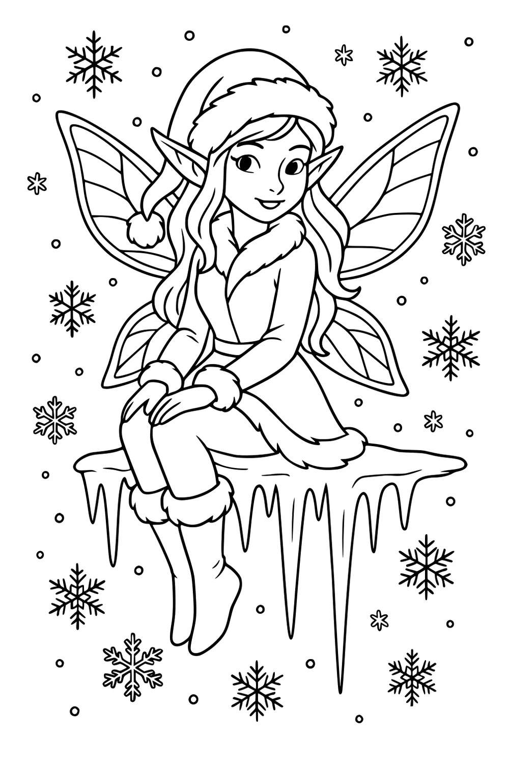 Winter fairy girl with wings on an icicle ledge, wearing a pom-pom hat and fur-trim coat, surrounded by snowflakes.