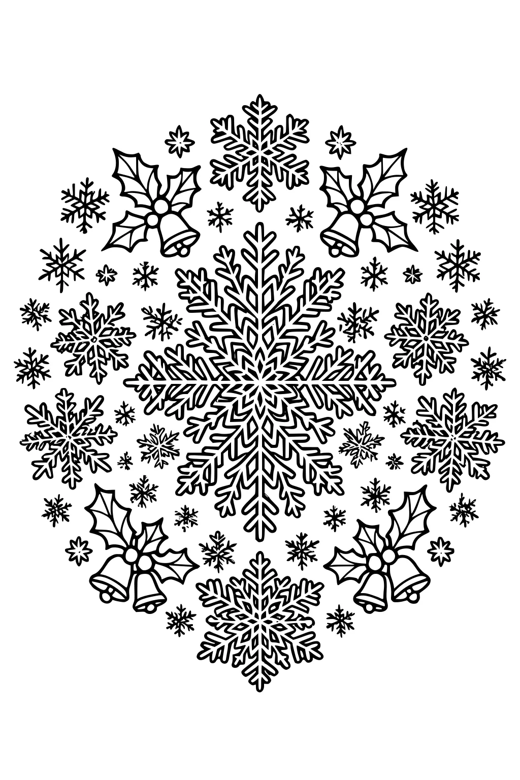 Circular pattern of snowflakes with holly leaves, berries, and small jingle bells around a large central snowflake.
