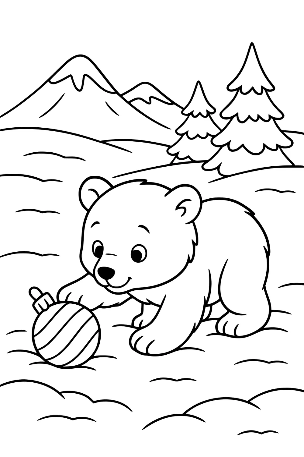 Smiling bear cub in snow batting a striped Christmas ornament, with fir trees and mountains in the background.