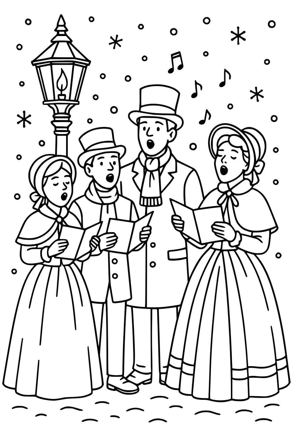 Four Victorian carolers sing under a streetlamp in falling snow; two women, one man, and a boy hold songbooks with notes above.