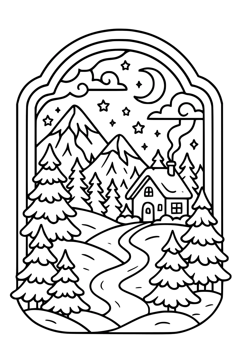 Snowy cabin with chimney smoke, winding path, fir trees, mountains, crescent moon and stars inside an arched winter frame.