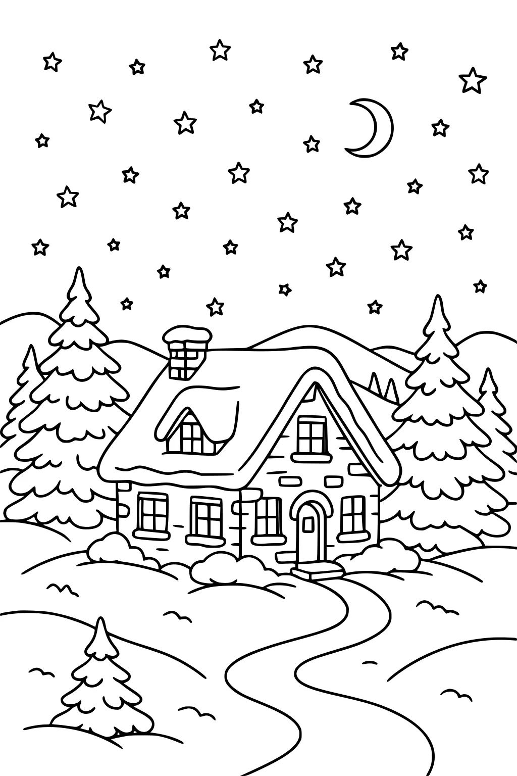 Snowy cottage with chimney and arched door, surrounded by pine trees, hills, and a starry night sky with a crescent moon.
