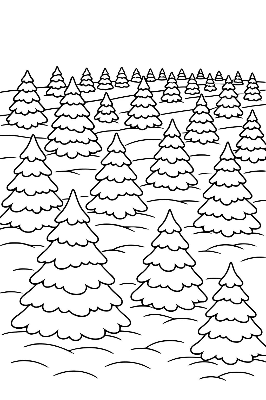 Rows of Christmas trees across rolling snowy hills, with tiered branches and simple outlines forming a quiet winter forest.