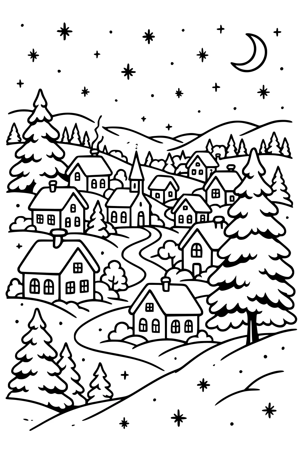 Snowy village with small houses, church steeple, pine trees, winding road, crescent moon and stars over rolling hills at night.