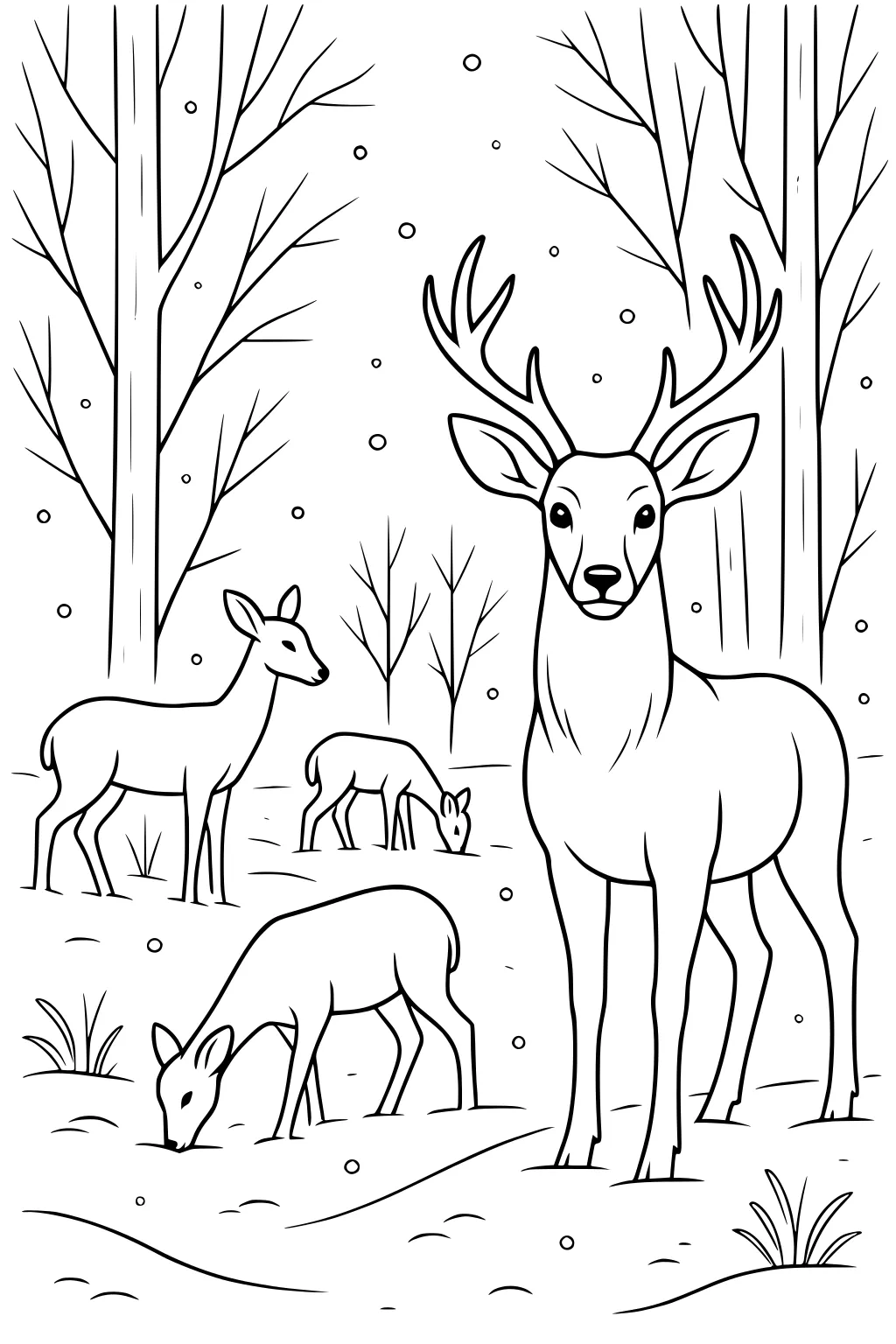 Four deer, including one with antlers, in a snowy forest with leafless trees and scattered snow on the ground.