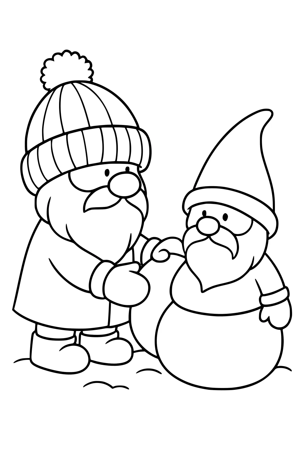 Two bearded gnomes in winter hats and gloves on snowy ground; left gnome pats the right gnome with a pointy hat and round belly.
