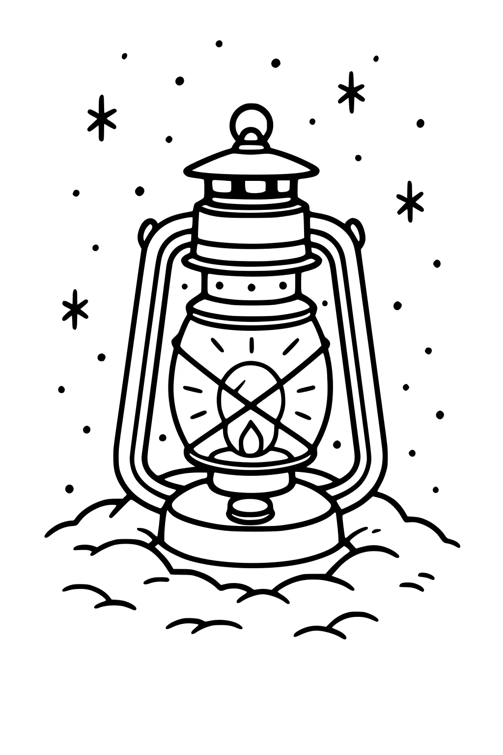 Lantern with flame on a snowbank, falling snow and star-shaped flakes around it; bold outlines in a winter Christmas scene.