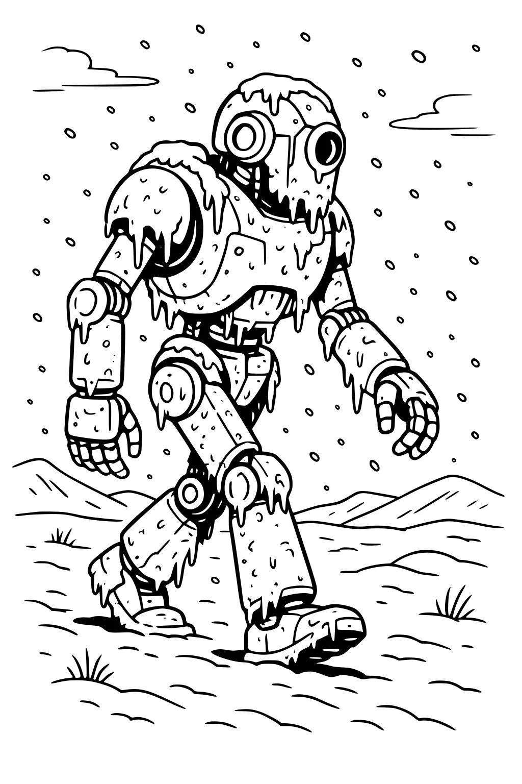 Large robot with round goggles walks in falling snow, icy drips on armor, footprints on ground, hills and small clouds behind.