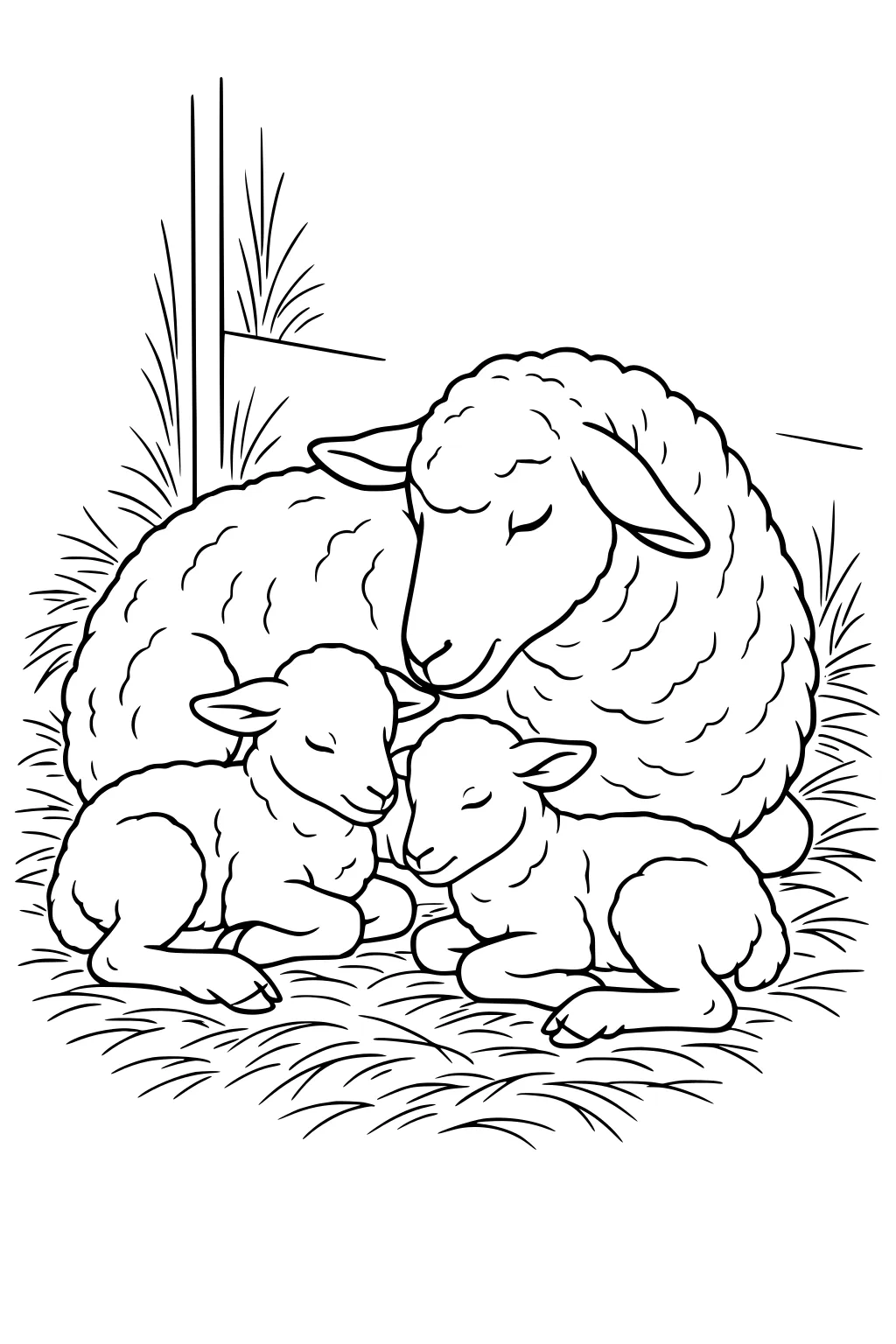 A mother sheep and two lambs sleeping together on grass in front of a fence.