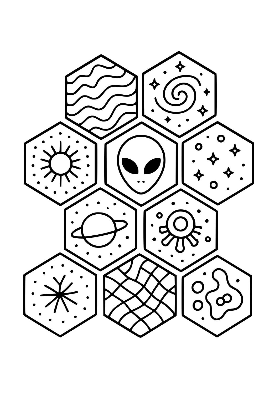 Alien face in center of hexagon grid with ringed planet, sun, spiral galaxy, stars, wavy lines, starburst, grid, and blobby shapes.