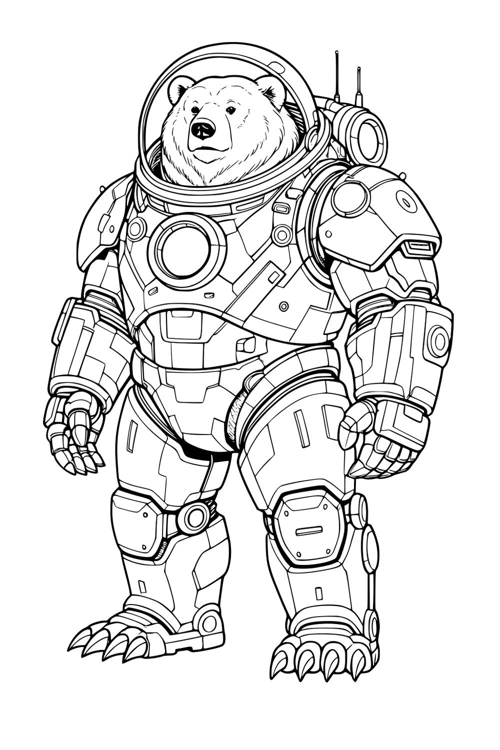 Bear wearing a detailed armored spacesuit with a glass helmet, standing upright with robotic gloves and boots.