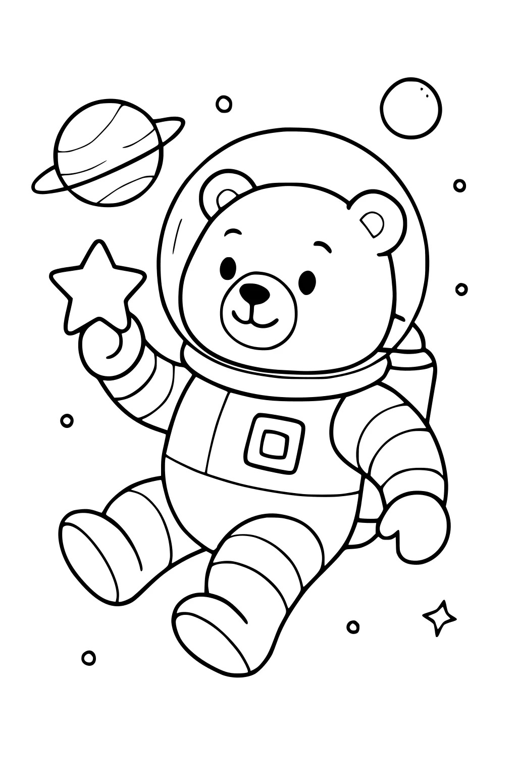 Teddy bear in astronaut suit floating in space, holding a star, with planets and stars in the background.
