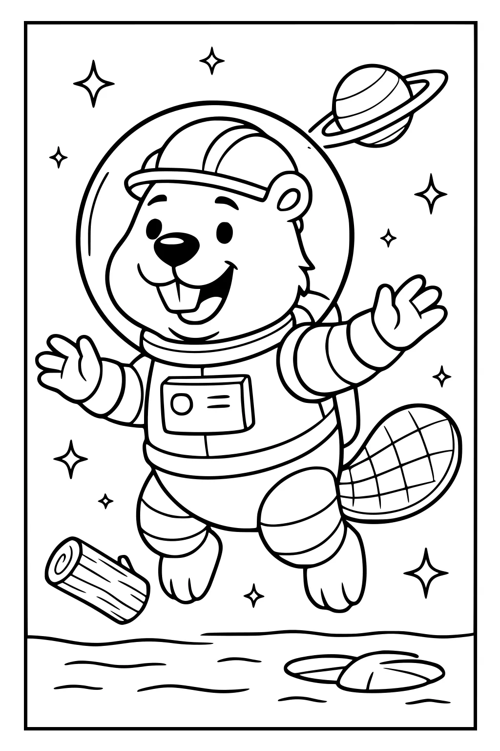 Beaver in astronaut suit floating in space with stars, a ringed planet, a log, and a lily pad below.