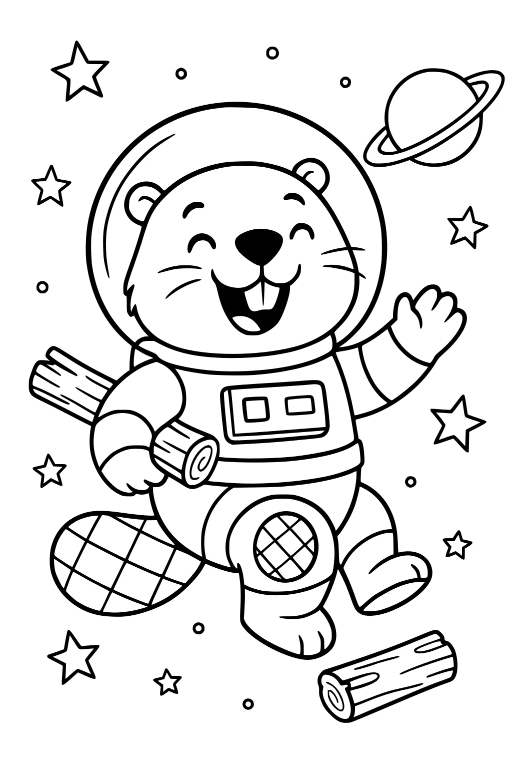 Beaver wearing an astronaut suit floating in space with logs, stars, and a ringed planet in the background.