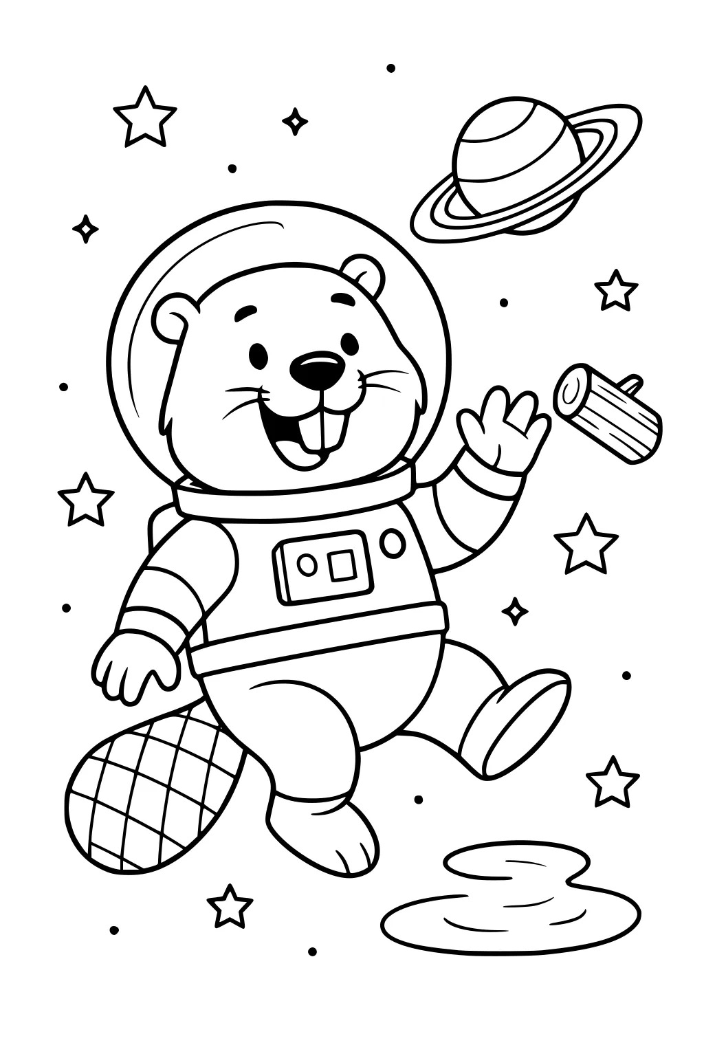 Beaver in a space suit floats in space with stars, a log, a planet with rings, and a puddle nearby.