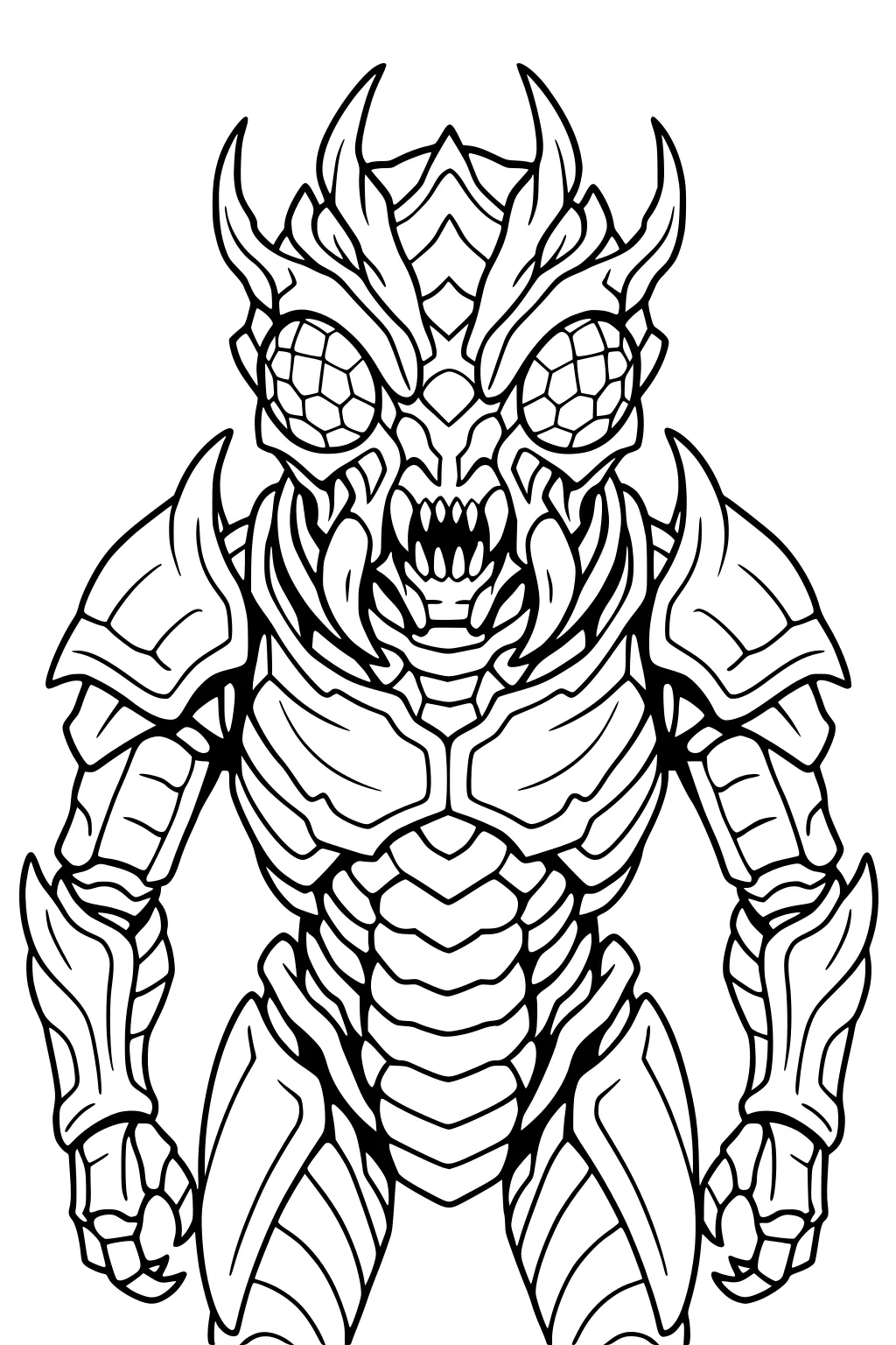 Insect-like armored alien with horns, honeycomb eyes, sharp teeth, and layered plates, standing with clenched fists in black line art.