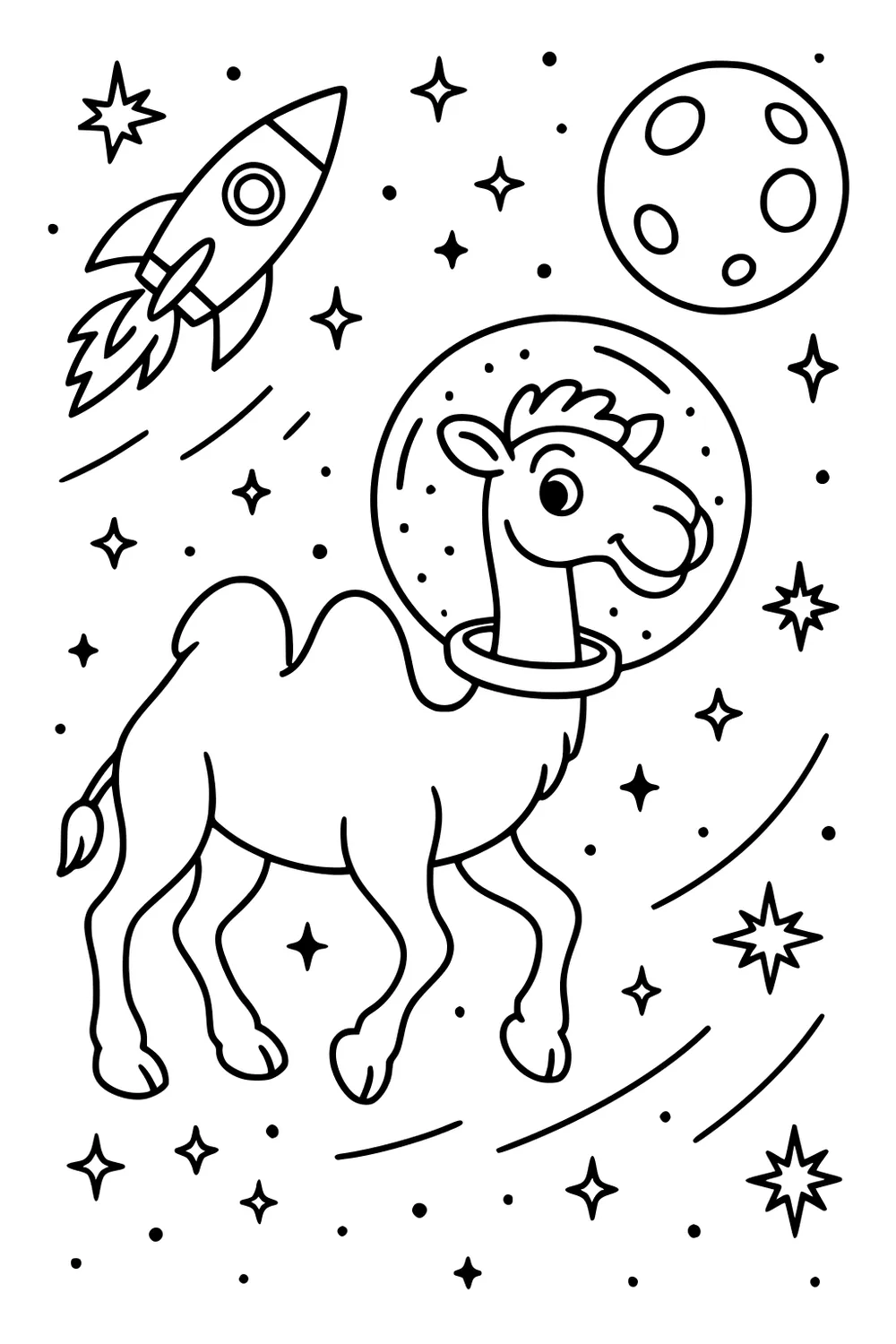 Camel in a space helmet floats in a star-filled sky with a rocket ship and a cratered moon