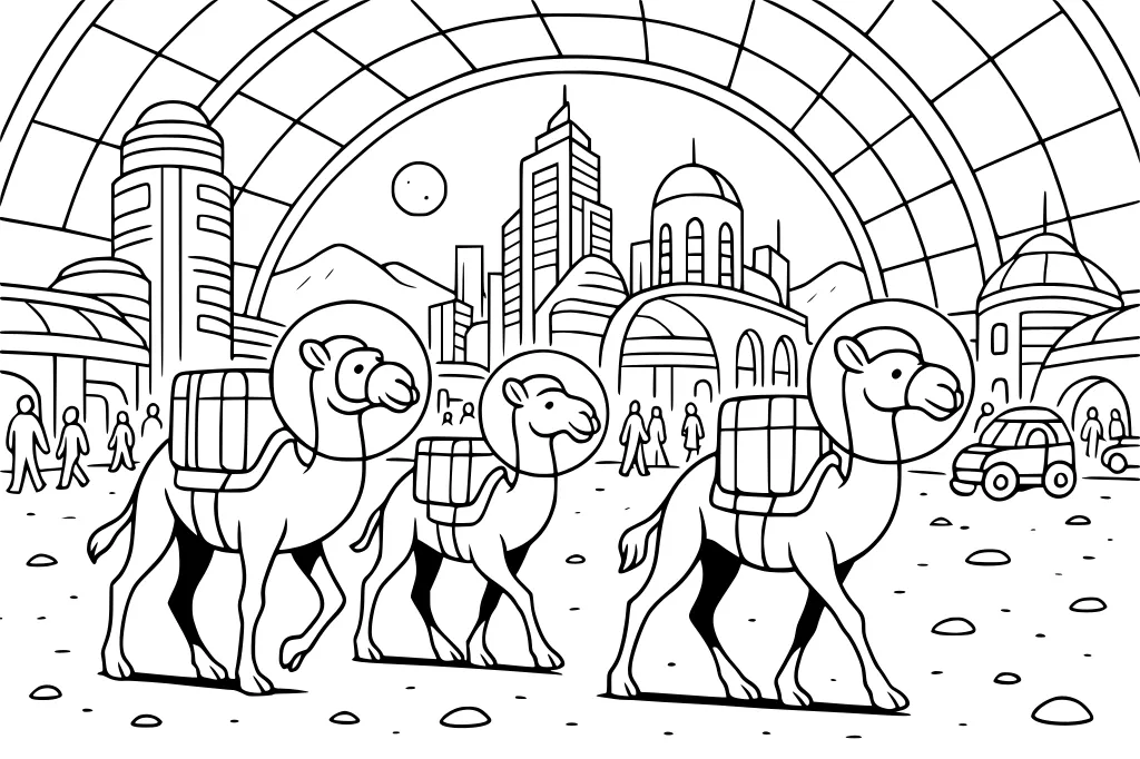 Three camels in space helmets walk through a futuristic city with domes, skyscrapers, people, and cars in the background.