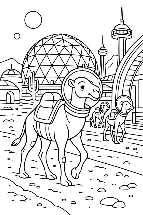 Camels with Space Helmets in a Futuristic City
