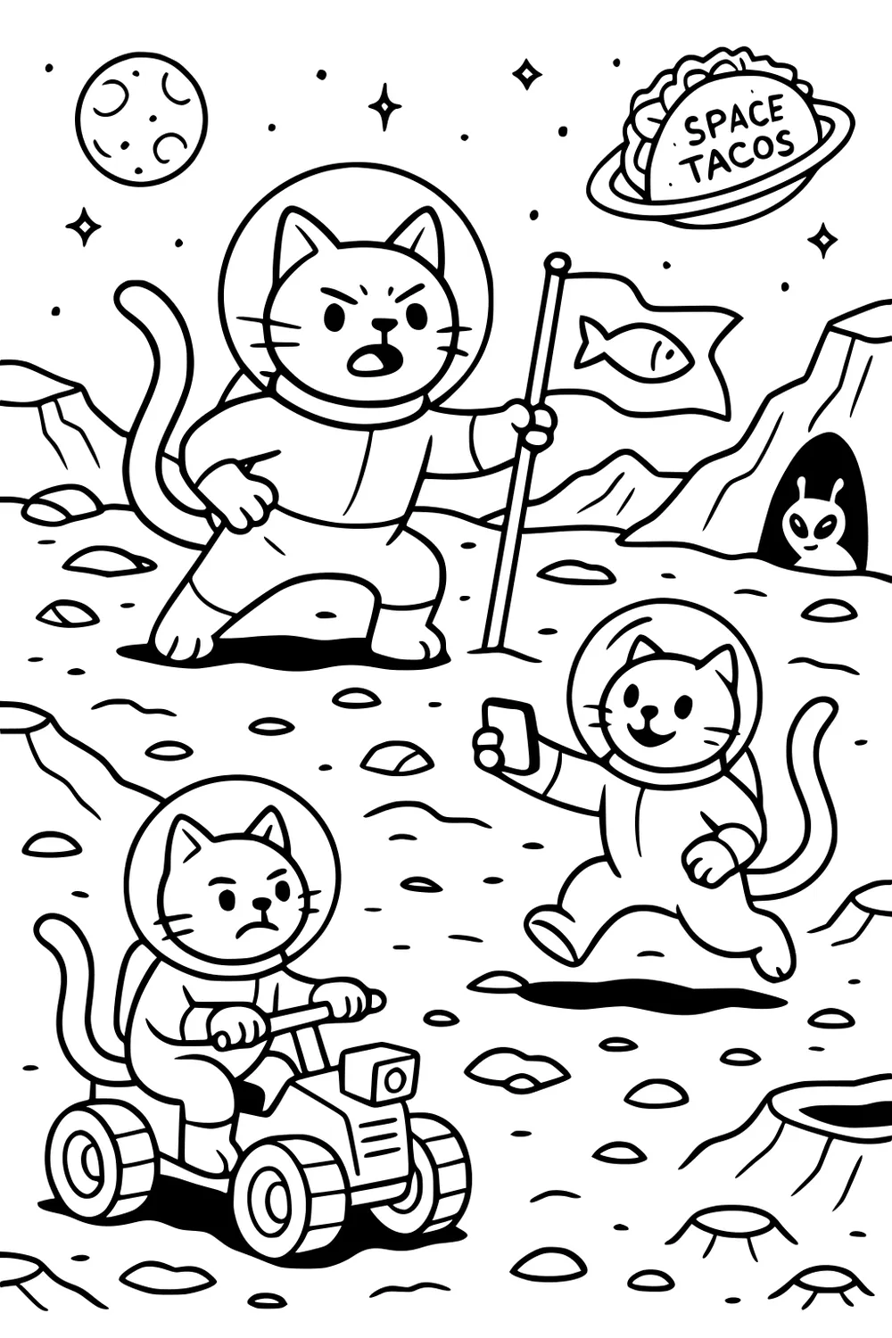 Three astronaut cats on the moon with a fish flag, one on a rover, space tacos above, and an alien in a cave.