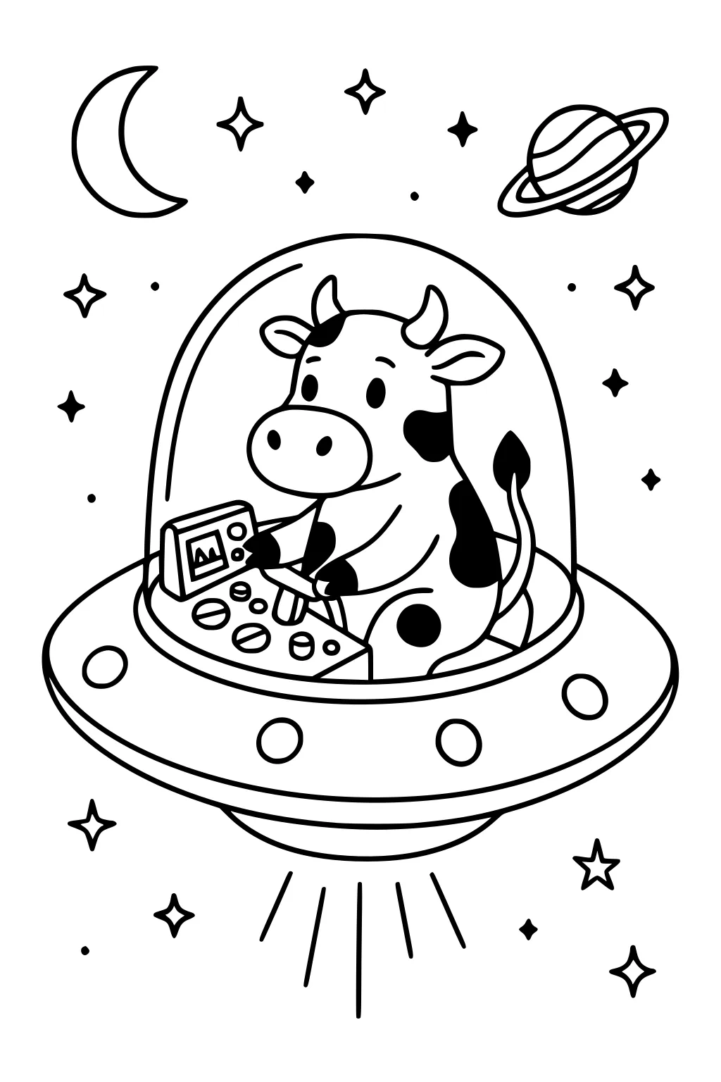 Cow astronaut in a domed UFO, control panel, stars, crescent moon, ringed planet, and light beams below the saucer.