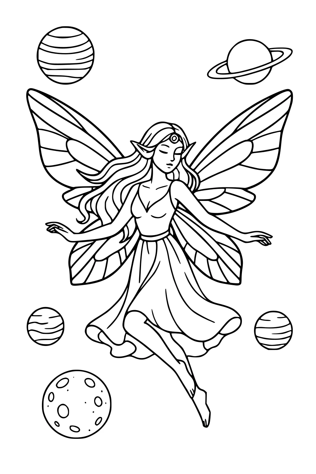Fairy girl with butterfly wings floats in space among planets, a ringed world, and a cratered moon, wearing a flowing dress.