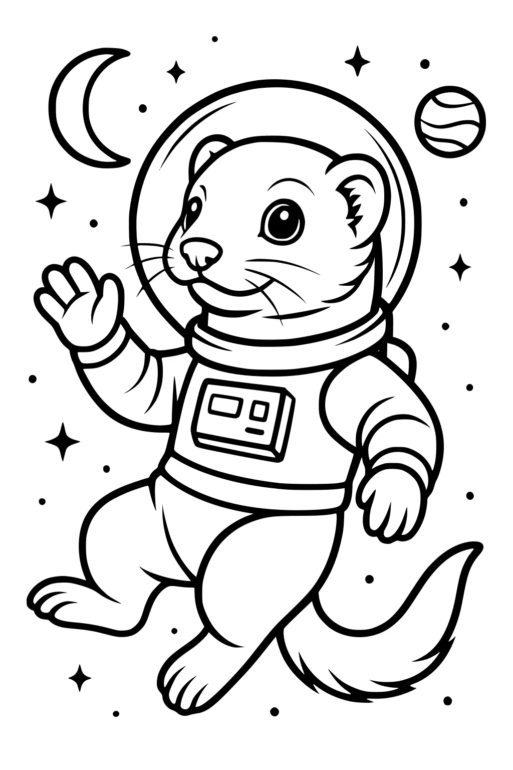 Ferret in a spacesuit floating in space, waving, with stars, crescent moon, and planet around him.