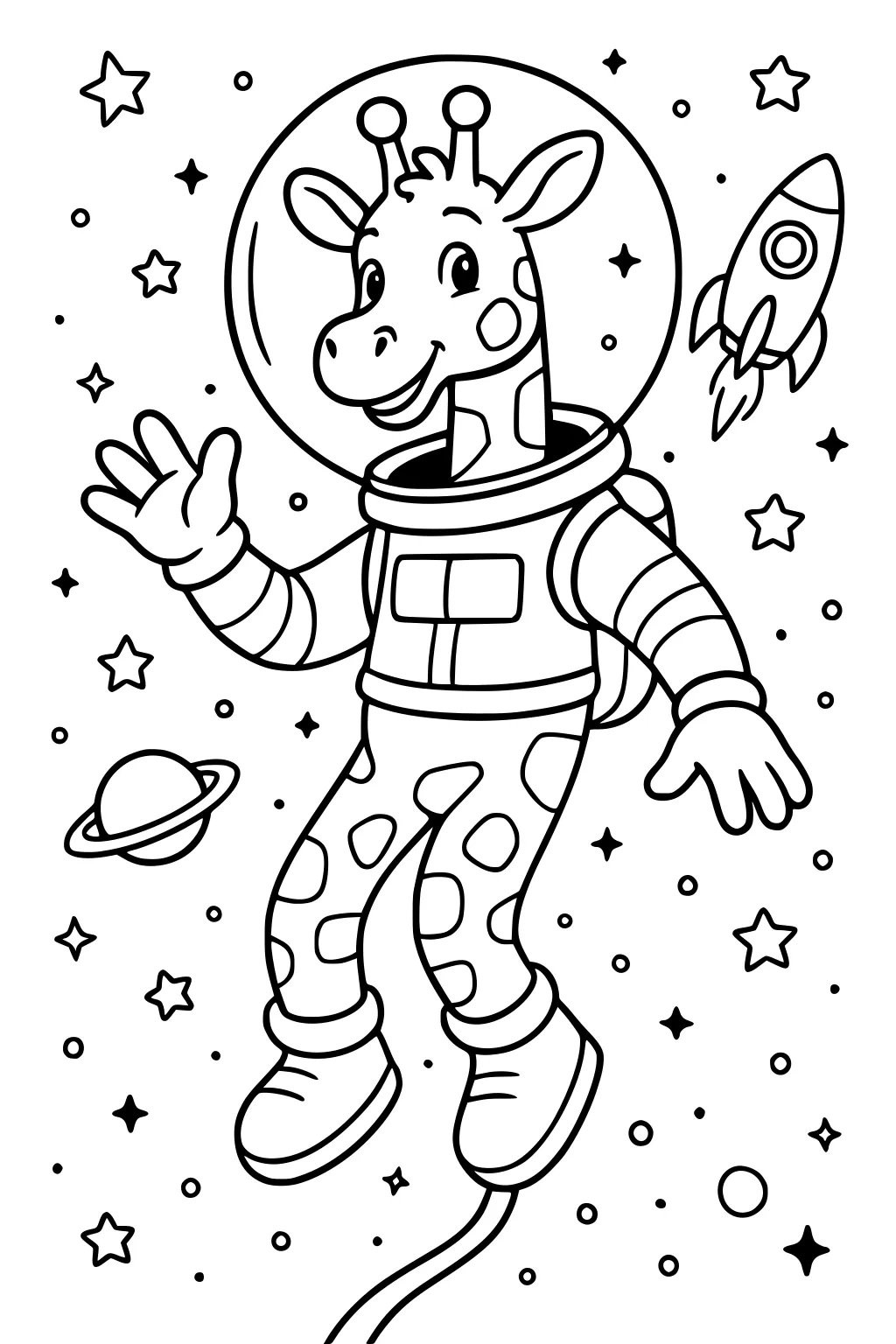 A giraffe in a spacesuit floats in space, waves, with stars, a ringed planet, and a rocket ship around her.