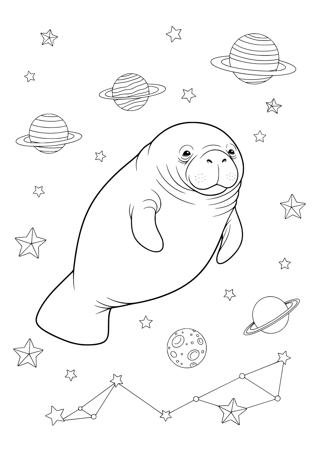 Manatee floating with planets, stars, constellation, and a moon in space.