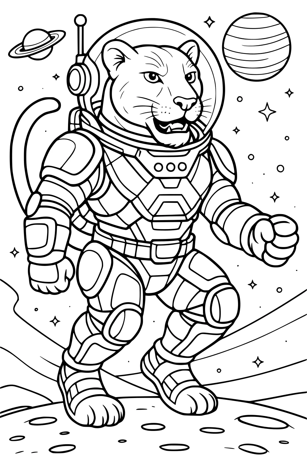 Panther in a spacesuit walking on a moon with planets and stars in the background.
