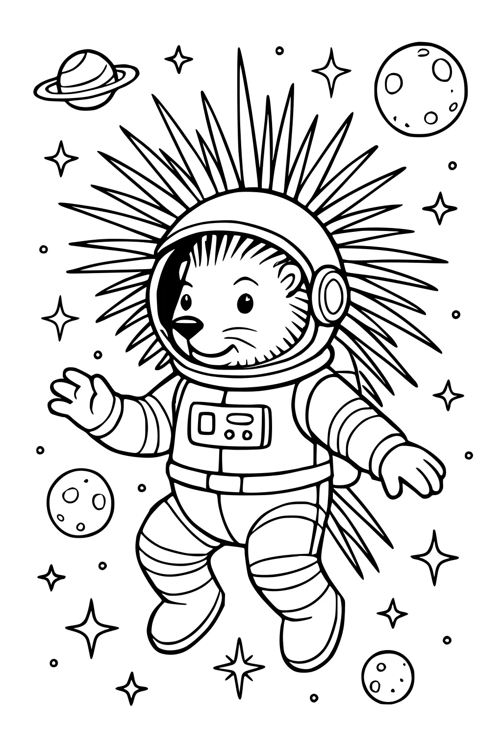 Porcupine in a spacesuit floating in outer space with spiky quills, surrounded by stars and planets.
