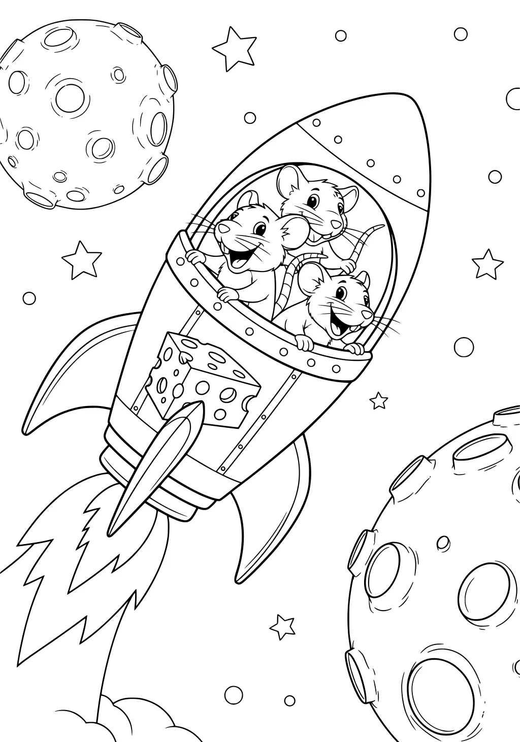 Three cartoon rats in a rocket ship flying past planets and stars in outer space.