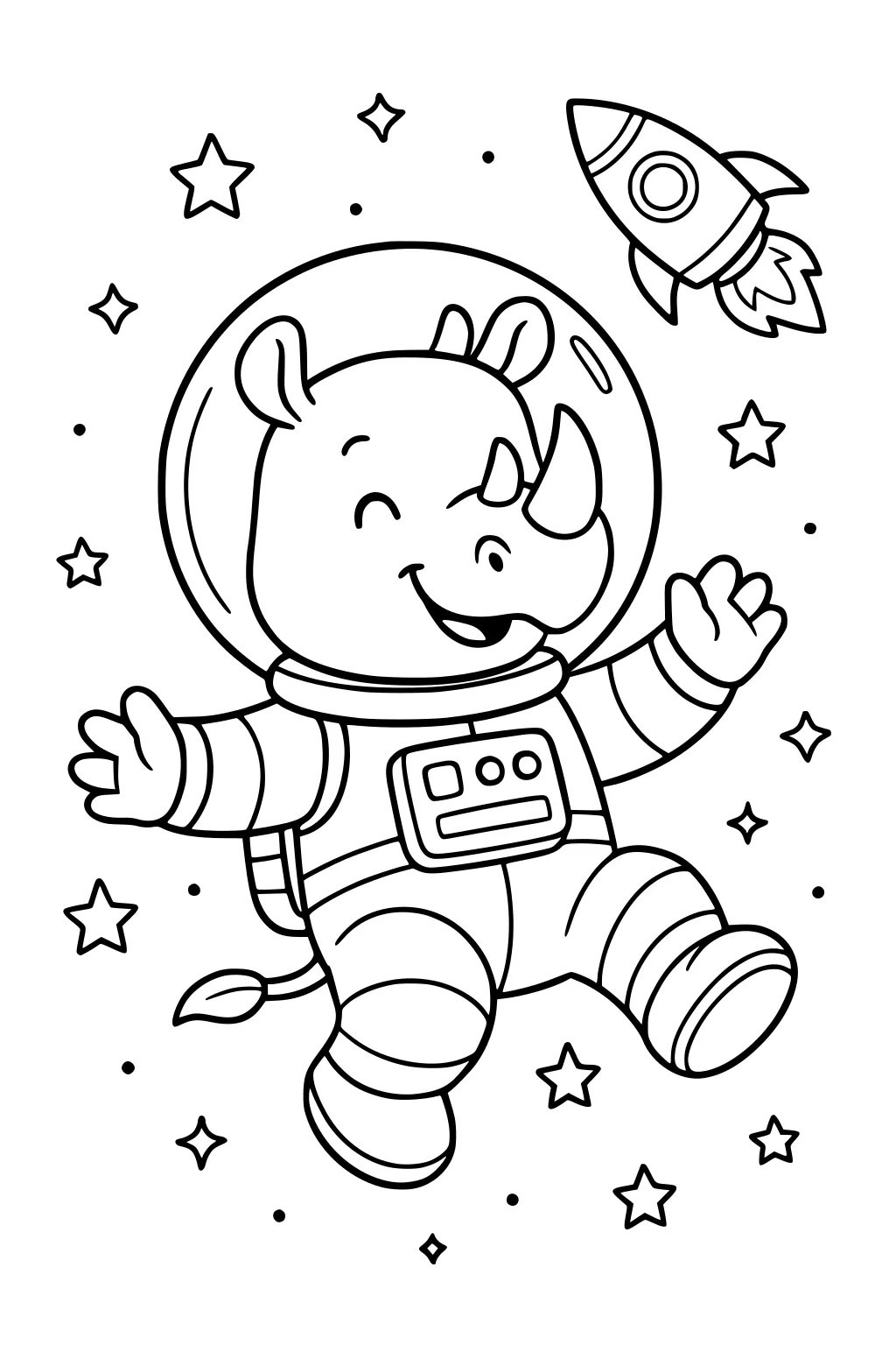 Rhino in a spacesuit floating in space, surrounded by stars and a rocket ship.