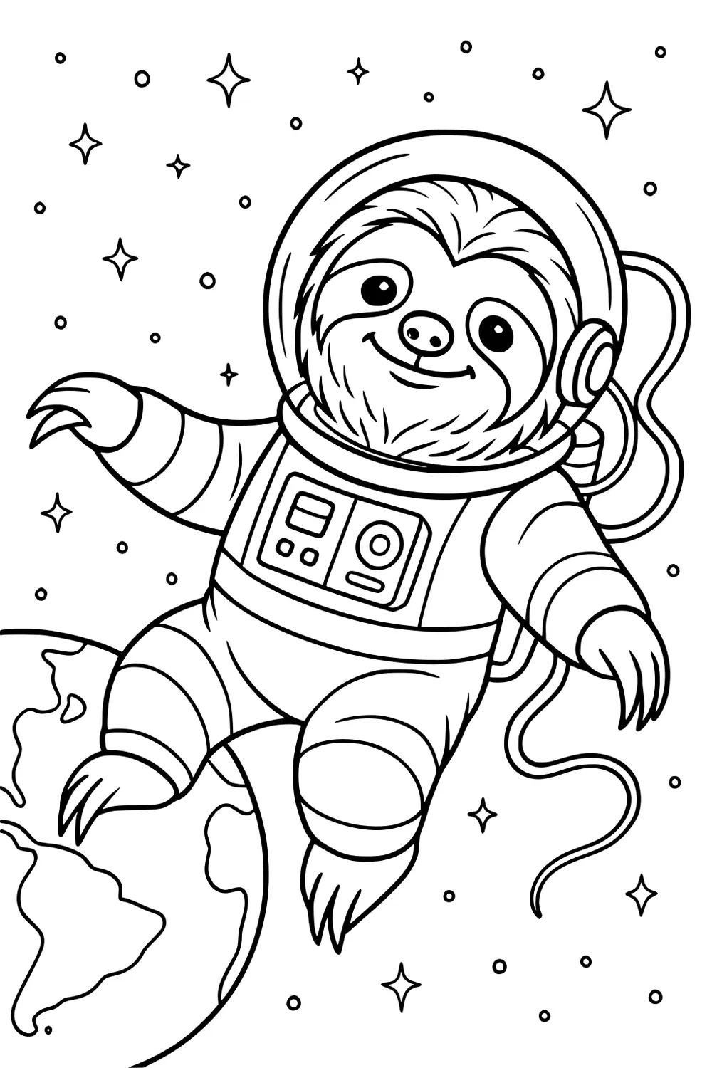 A smiling sloth in a spacesuit floats above Earth with stars and a space helmet.