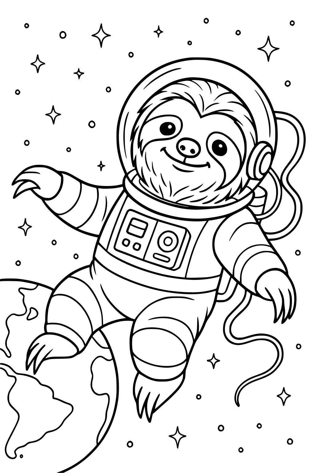 A smiling sloth in a spacesuit floats above Earth with stars and a space helmet.