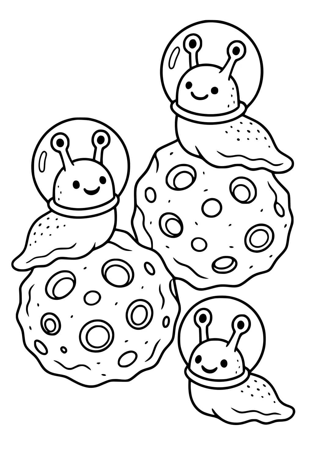 Three smiling alien snails in bubble helmets perched on cratered moons with bold, simple outlines.